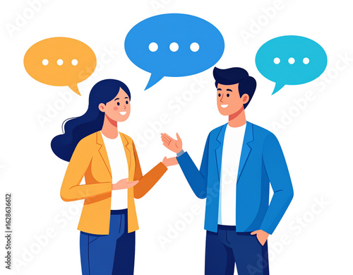 Modern flat vector illustration of two people talking with speech bubbles, great for
