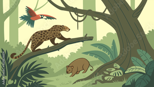 Jungle animals illustration with leopard, parrot, and bear in tropical rainforest. Wild nature habitat scene, wildlife vector art.