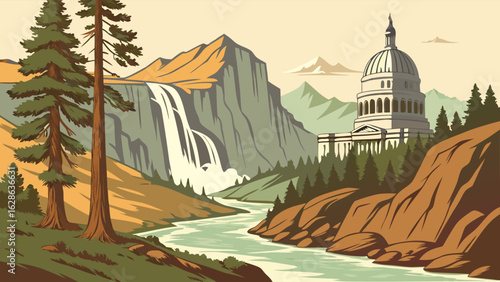 Iconic US Capitol building in stunning mountain valley with waterfall, flowing river, and green forest trees. American landscape.
