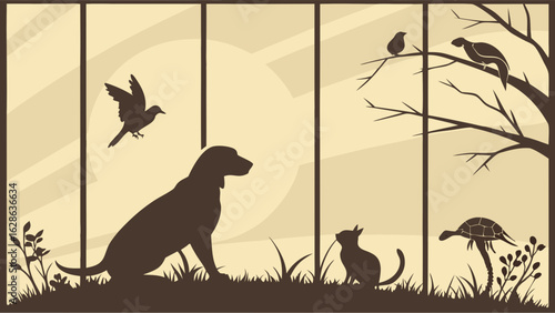 Group of diverse animals silhouette. Dog, cat, birds, turtle. Pets and wildlife in nature. Harmony and companionship vector.