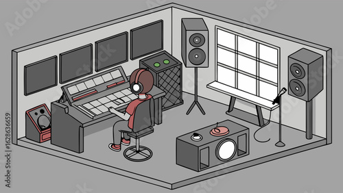 Professional man working in a modern music recording studio. Audio engineer at mixing console with headphones and equipment.