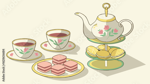 Elegant afternoon tea set illustration with teacups, teapot, macarons, and sweet pastries. Cozy dessert time.