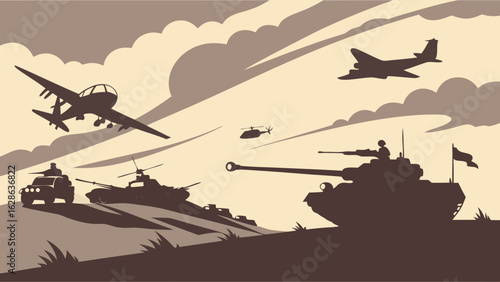 Military vehicles and aircraft silhouettes. Army tanks, fighter jets, transport planes, helicopters. War, defense, combat.