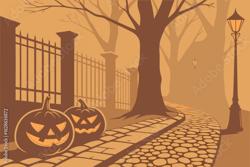 A foggy alley with glowing jack o' lanterns and dark shadows vector illustration