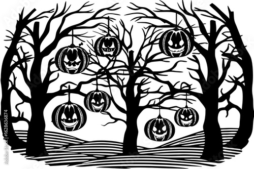 Glowing Halloween lanterns hanging on bare spooky trees vector illustration