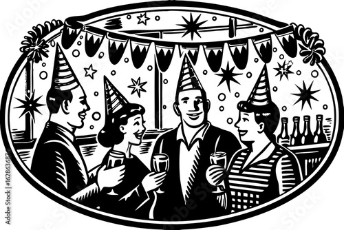 A glittering New Year celebration with party hats and confetti vector illustration