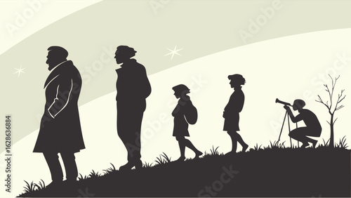 Human life stages: silhouettes of people from adult to child walking uphill. Growth, future, education, astronomy, generations.