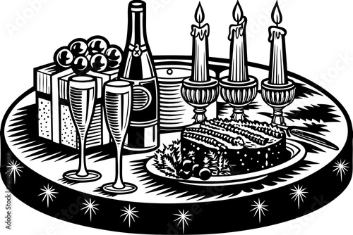 A holiday table setup with candles champagne and gifts vector illustration