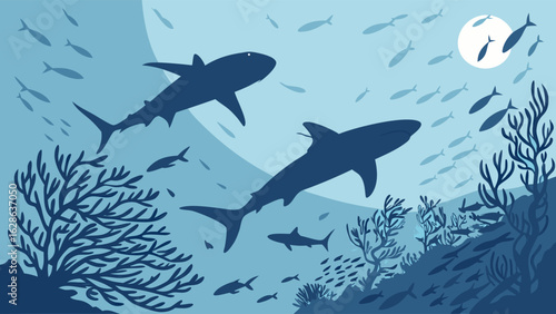 Two sharks swimming in the deep blue ocean with a school of fish and coral reef. Underwater marine life wildlife scene.