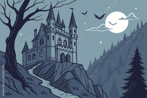 A vampire castle perched on a cliff at night vector illustration