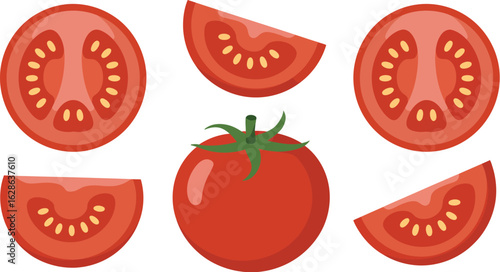 Fresh ripe red tomatoes sliced and whole displayed in a vibrant flat illustration