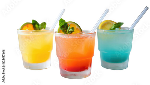 Three colorful tropical cocktails with garnishes and straws isolated on transparent background