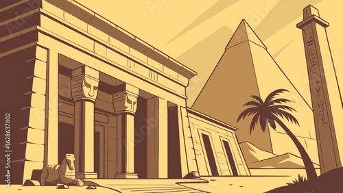 Ancient Egyptian desert landscape with pyramid, temple, obelisk, and sphinx. Historical travel illustration.