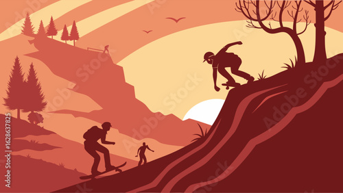Outdoor adventure sports in mountain landscape at sunset. Active people hiking, skateboarding, and winter sports.