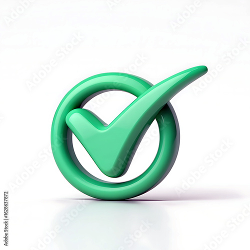 Green tick mark in a circle isolated on white background representing approval and confirmation
