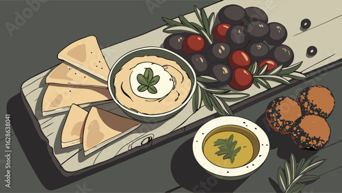 Traditional Mediterranean Mezze Platter with Hummus, Pita Bread, Olives, and Falafel. Healthy Vegan Appetizer.