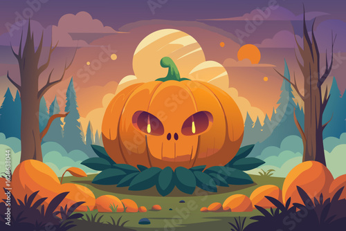 A giant pumpkin rising from a mysterious mist vector illustration