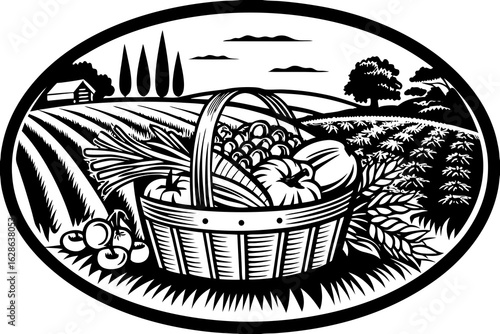 A flat design background of a food basket and farm scenery vector illustration