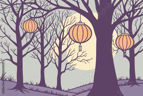 Glowing Halloween lanterns hanging from bare tree branches vector illustration