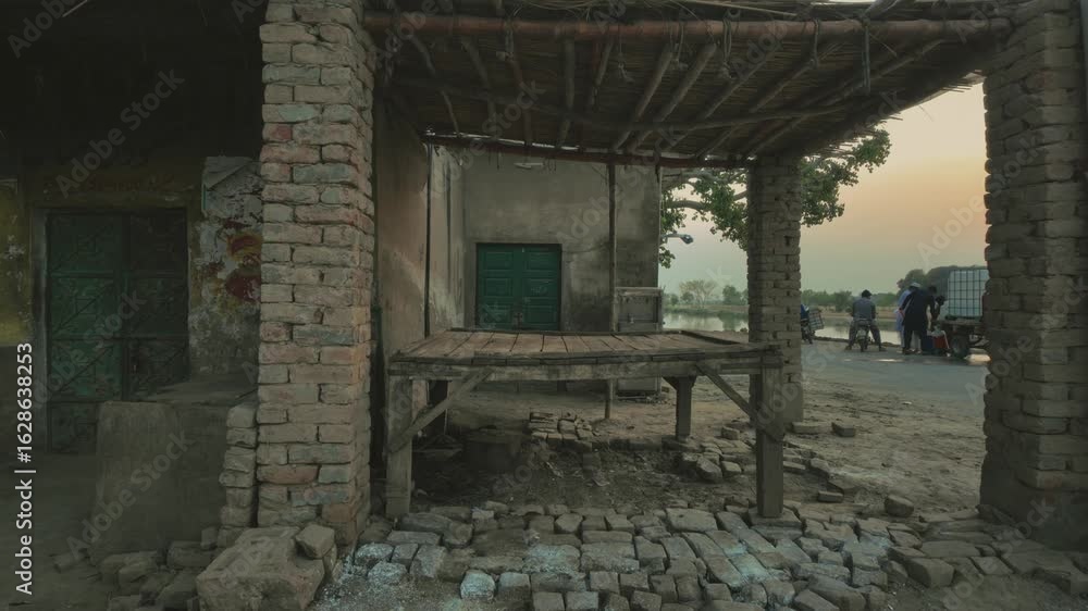 Slow-motion shot of a brick structure with a wooden platform and a thatched roof, wind blowing Slow-motion shot of a brick structure with a wooden platform and a thatched roof, wind blowing