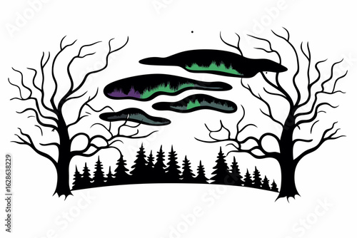 A spooky Halloween color palette on a northern lights display vector illustration