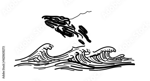 Whale breaching ocean waves drawing black and white sea life illustration marine animal aquatic mammal wildlife art 100