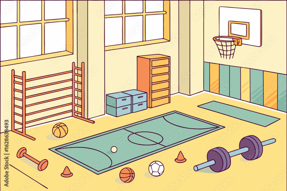 Naklejka premium A background of sports items and gym elements for school vector illustration