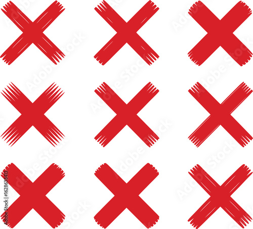 Nine bold red hand drawn xs arranged in a three by three grid against a white background