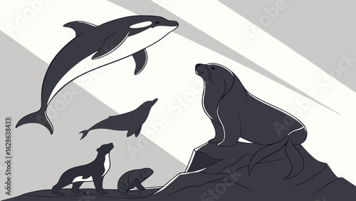 Orca killer whale jumping, sea lion on rock, and seals. Marine mammals wildlife in ocean nature.