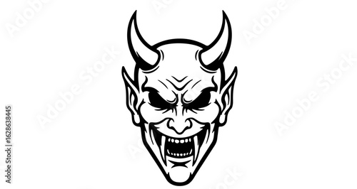 Devil face vector art black and white illustration halloween demon head evil horns scary graphic design element 100