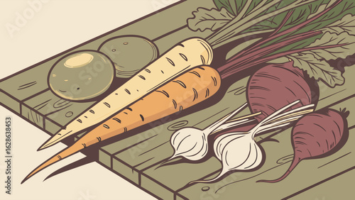 Fresh organic root vegetables illustration on rustic wooden board. Carrots, beets, garlic, potatoes for healthy cooking.