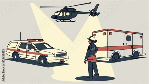 Emergency services team with police car, ambulance, helicopter, and firefighter. Public safety and rescue concept.