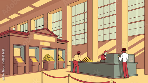 Cartoon illustration of a large bank hall with people handling gold coins and bars. Finance, wealth, and economy concept.