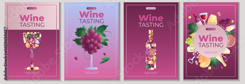 A set of design templates for wine tasting. Wine glass, bottle, grapes, corkscrew, cheese. The concept of a winery, restaurant. Isolated vector illustration of A4 format for posters, banners, posters.
