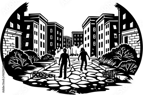 A zombie apocalypse scene in old abandoned city ruins vector illustration