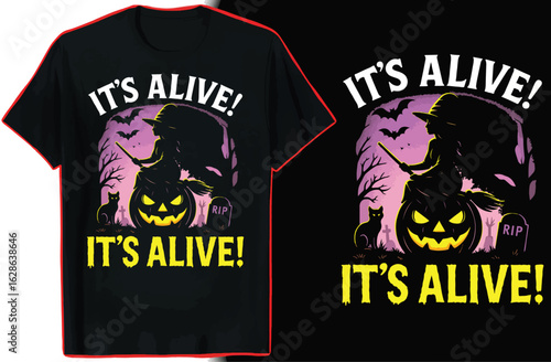 Halloween T-shirt Design Its Alive with Witch Pumpkin and Cat jack-o-lantern