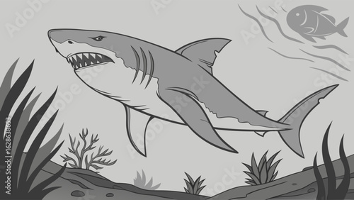 Shark swimming underwater in the ocean. Dangerous marine predator. Sea life and underwater world wildlife.