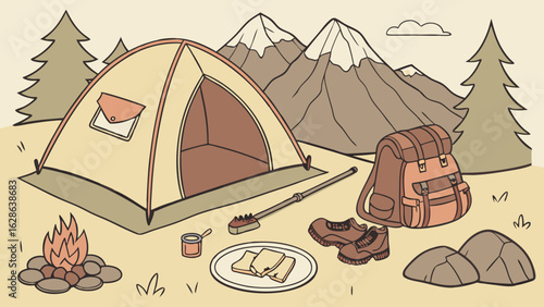 Summer outdoor camping adventure with tent, campfire, mountains, backpack, and hiking boots. Nature travel scene.