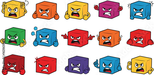 Vector art of collection of cartoon cubes with various angry and frustrated emotions