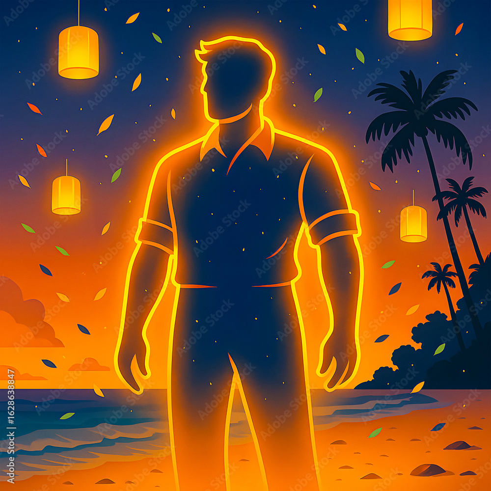 Obraz premium Man watching sky lanterns on beach at sunset