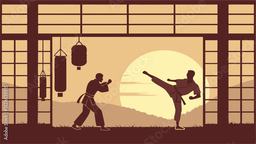 Two men practicing martial arts in traditional dojo. Karate training, self defense, and combat sport concept at sunset.