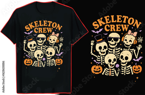 Halloween T-shirt Design Skeleton Crew Skulls Pumpkins Bats Spiders vector illustration