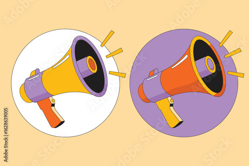 Two colorful megaphones amplifying sound waves in a modern flat design style