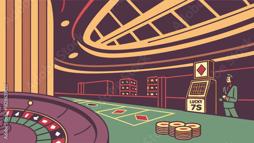 Vibrant Cartoon Casino Interior with Roulette Wheel, Slot Machines, Poker Table, and Gambling Chips. Entertainment.