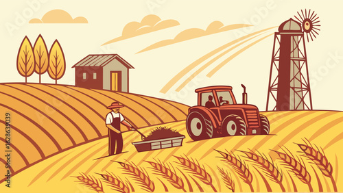 Farmer working in a golden wheat field with a tractor, barn, and silo. Rural agriculture and harvest scene.