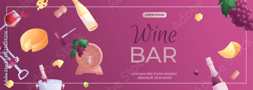 Promo banner design template for a wine bar. Wine glass, bottle, grapes, corkscrew, cheese, wooden barrel. The concept of wine drinks and tastings. Vector illustration for posters, banners, flyers