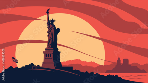 Iconic Statue of Liberty silhouette at sunset in New York City. American landmark and symbol of freedom.
