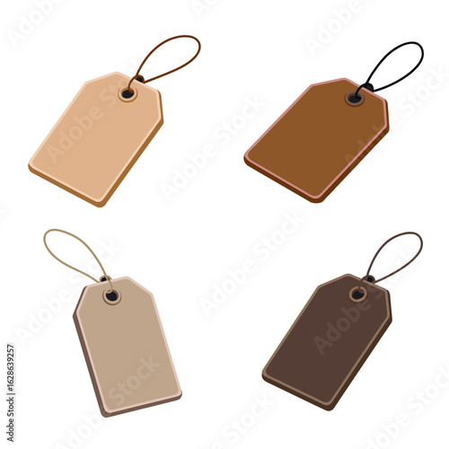 Four price tags in different shades of brown, each with a string for attaching to merchandise.