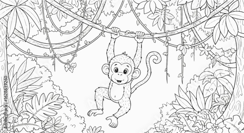 Monkey swinging from jungle vines coloring page for kids and adults printable activity sheet drawing 100