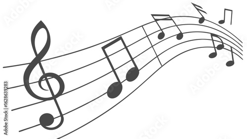 Musical notes and treble clef on a flowing staff. Abstract music background, sound, melody, harmony, rhythm, art, design.